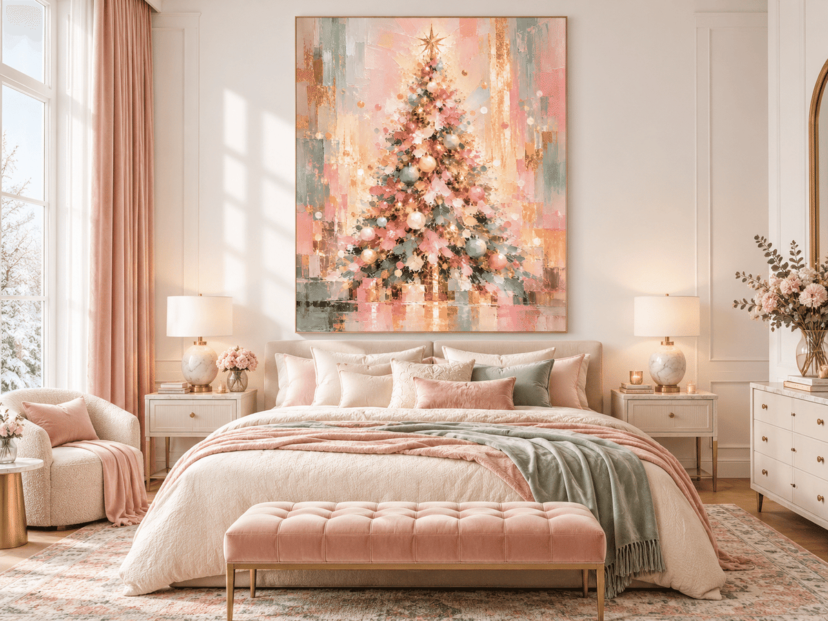 Hand-Painted Abstract Christmas Tree Canvas Art In Pink And Gold Modern Vintage Abstract Painting