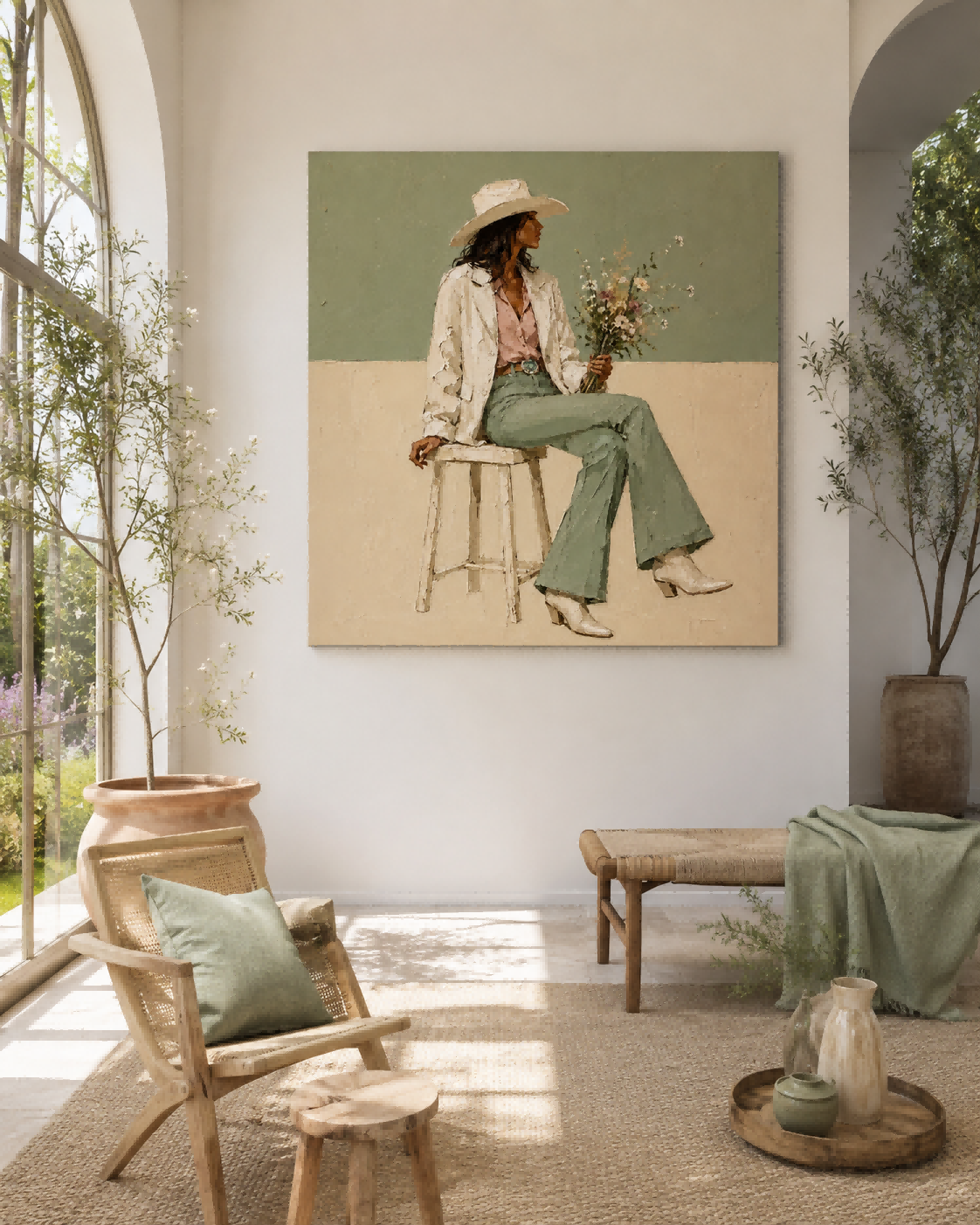 Stylish Cowboy Woman Portrait With Wildflowers In Sage Green And Beige Tones For Modern Farmhouse Decor