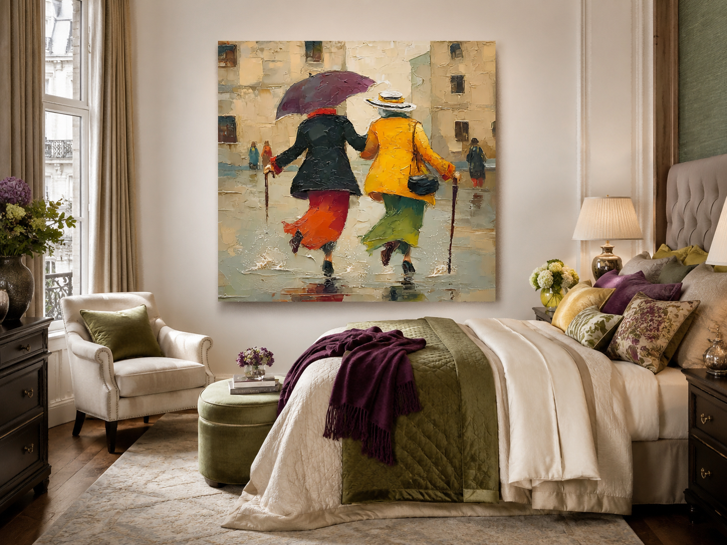 Vintage Style Canvas Art Depicting Joyful Friendship And Rainy Day City Life Square Wall Decor