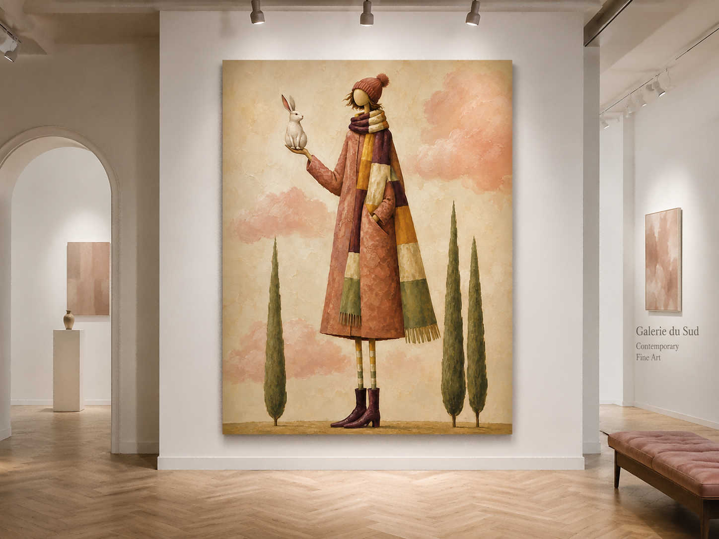 Surrealist Fantasy Oil Painting Of A Girl In A Long Coat With A White Hare