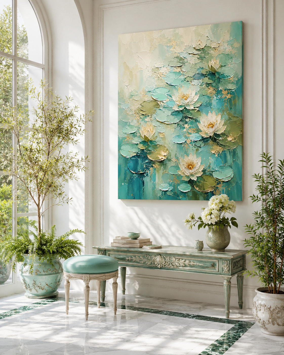 Modern Abstract Impasto Art Inspired By Monets Garden With Teal And White Tones