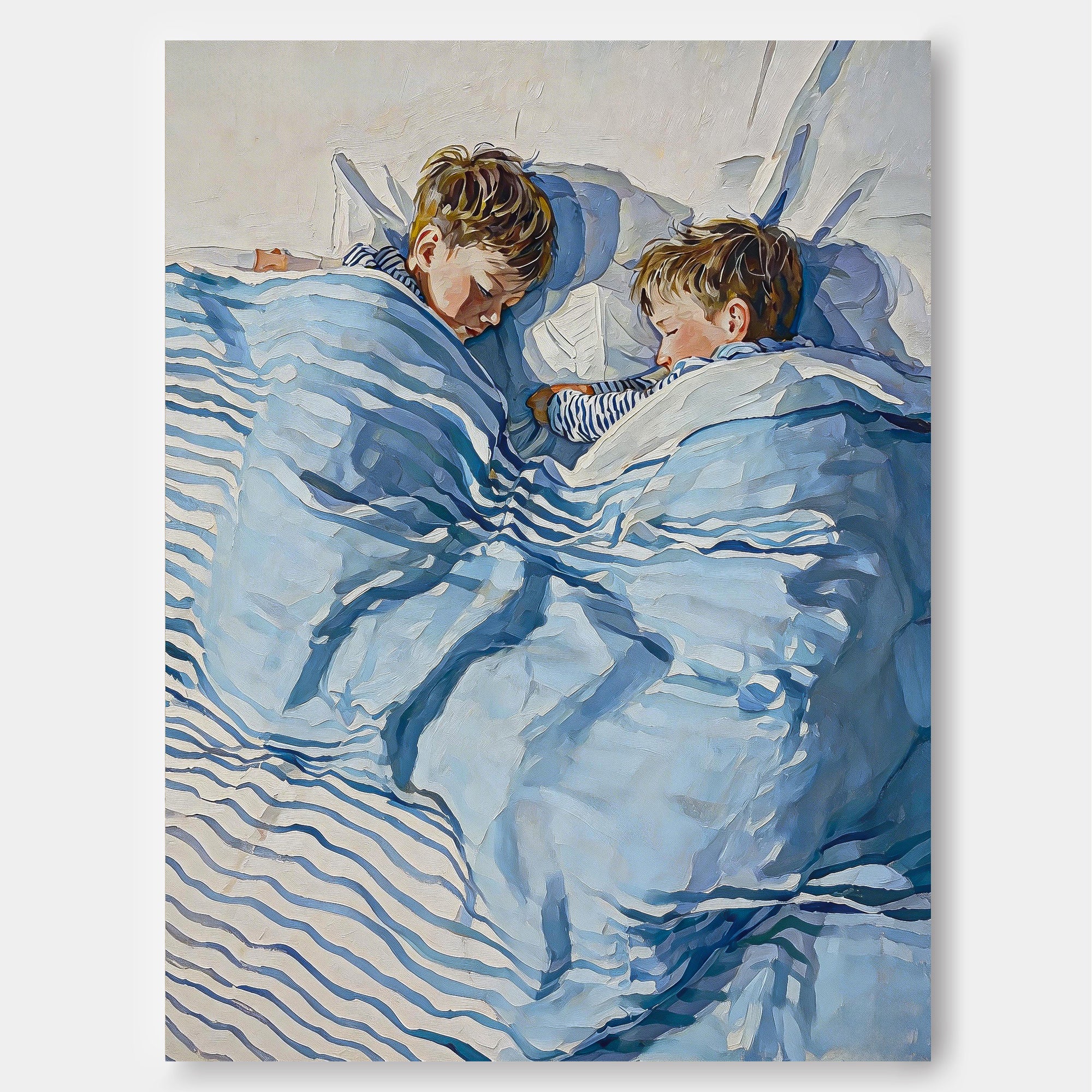 Original Sleeping Children Artwork Soft Blue Linen Texture For Kids Nursery