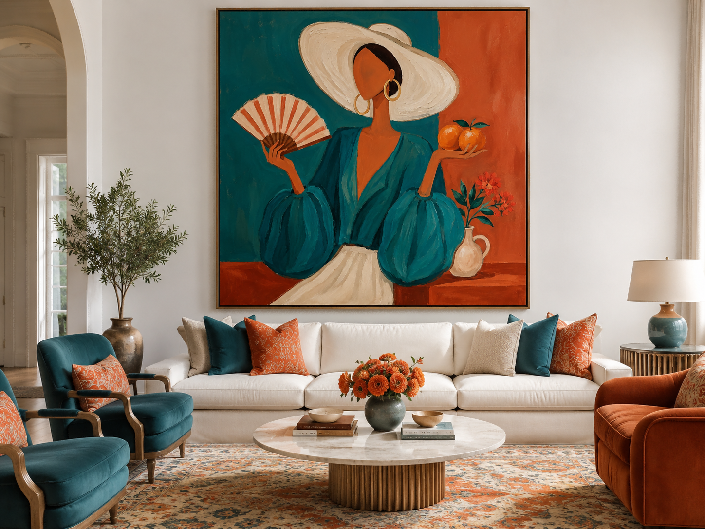 Exotic Lazy Afternoon Oil Painting Of Woman With Fan And Oranges For Lounge Wall Art