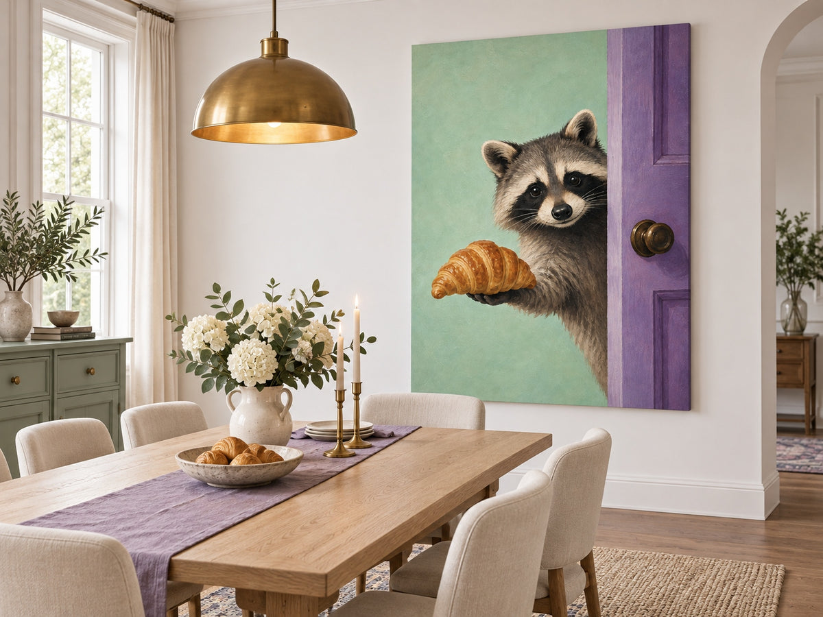 Modern Whimsical Raccoon Portrait Oil Painting Mint Green And Violet Tones