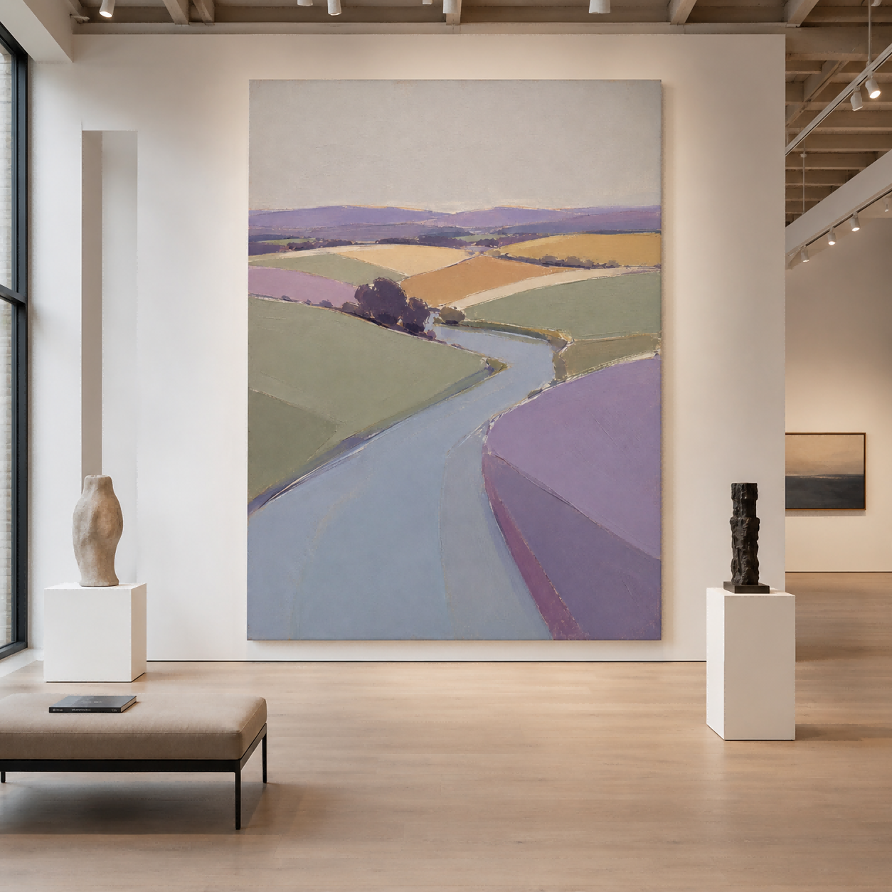 Geometric Abstract Art Canvas Featuring Serene Purple And Green Countryside Scene