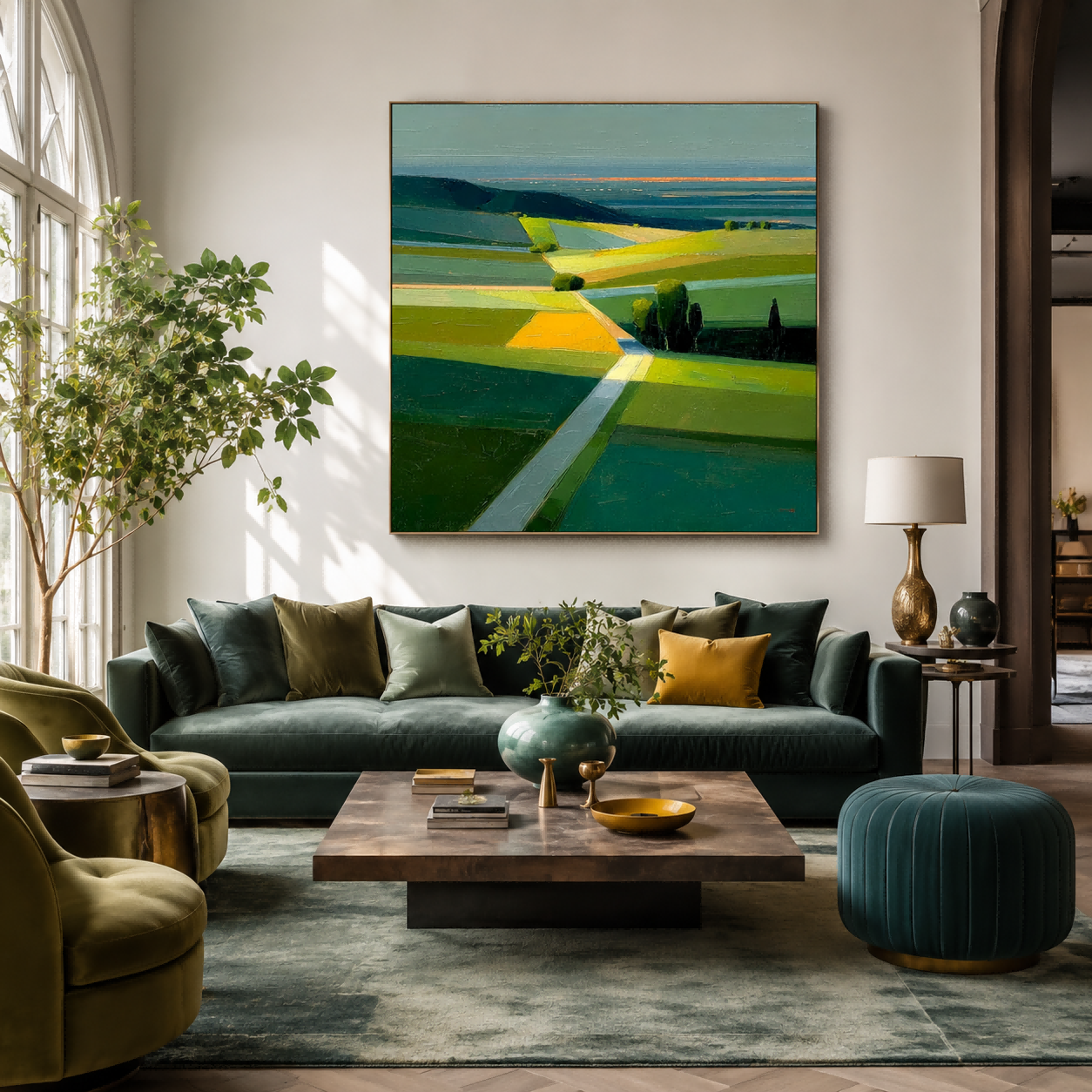 Modern Abstract Landscape Oil Painting With Textured Green And Orange Fields For Contemporary Home Decor