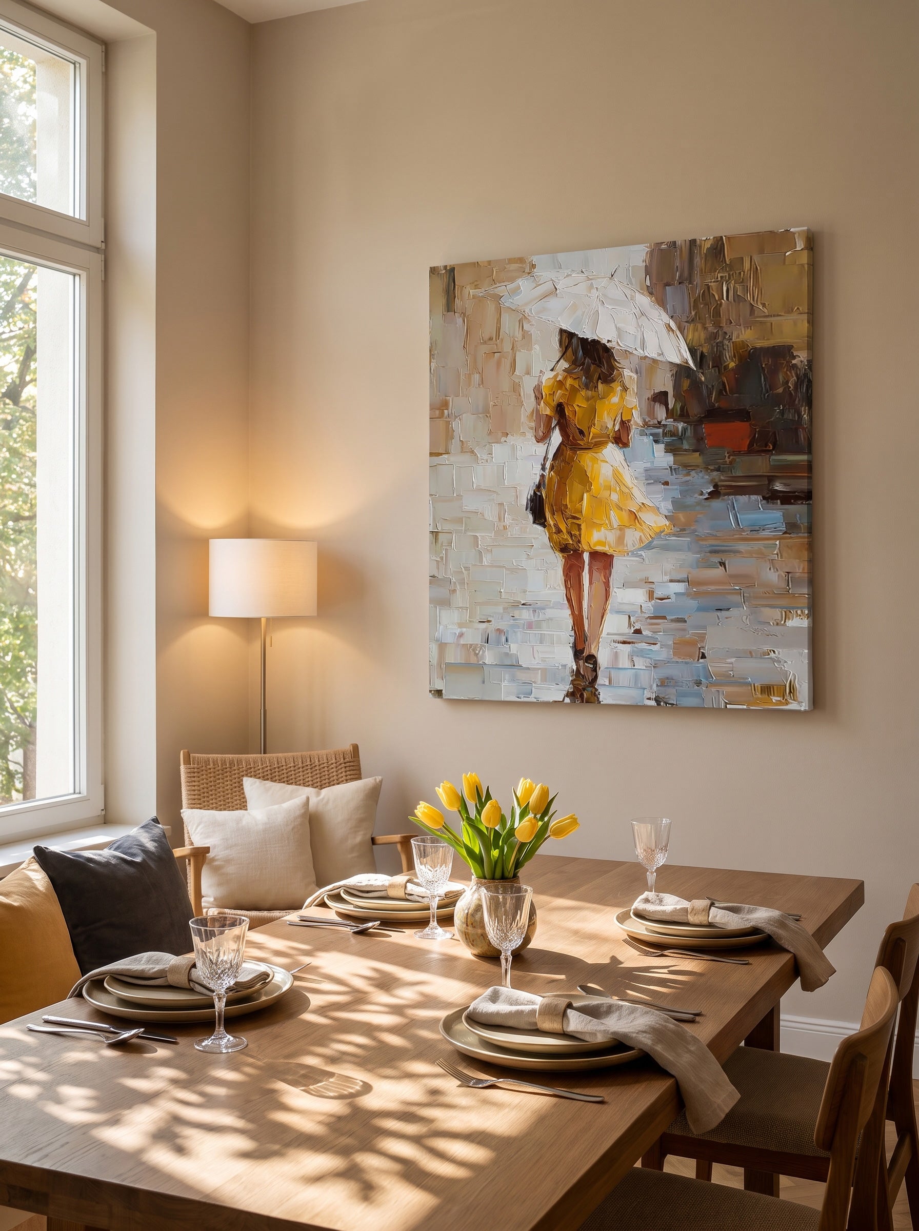 Modern Impressionist Oil Painting Of Woman In Yellow Dress Walking In Rain City Street