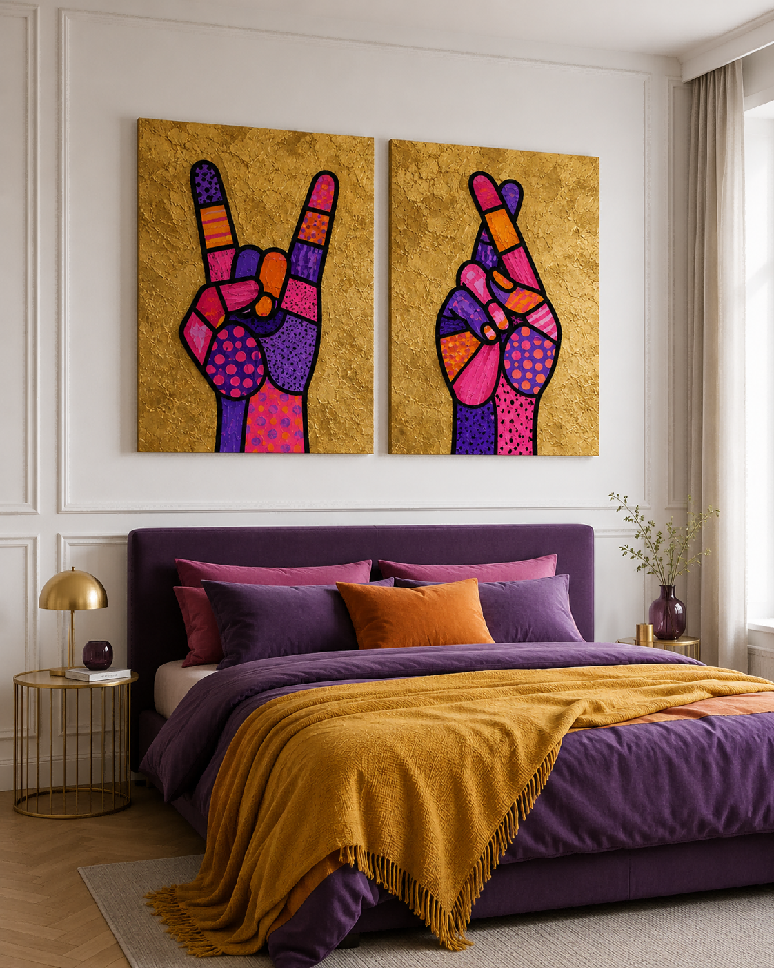Pop Art Hand Gestures Canvas Painting Set With Gold Background