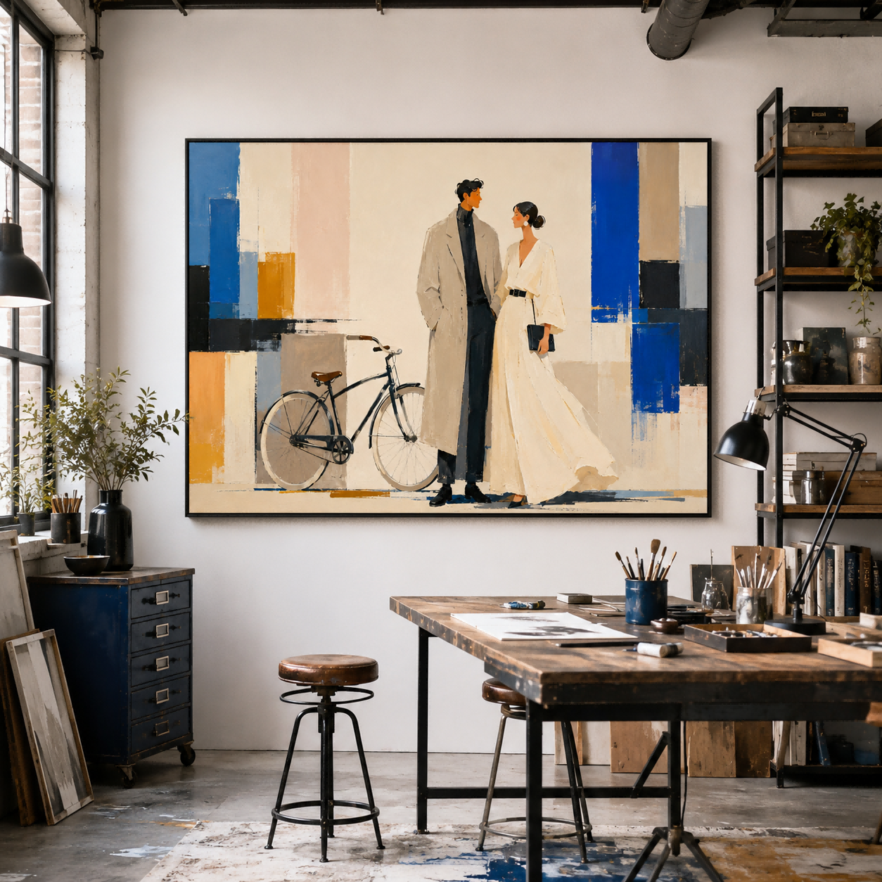 Chic Urban Couple Portrait In Abstract Style Premium Canvas Art For Home Office