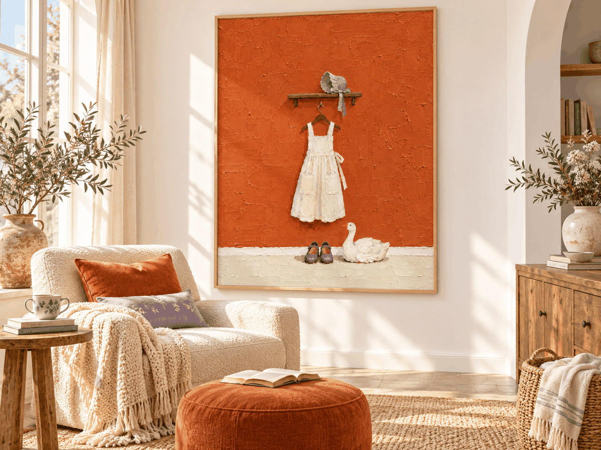 Hand-Painted White Dress And Duck Canvas Art With Orange Background
