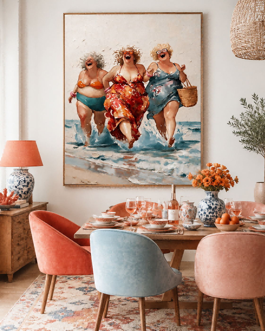 Vibrant Beach Friends Painting With Expressive Brushwork For Living Room Decor