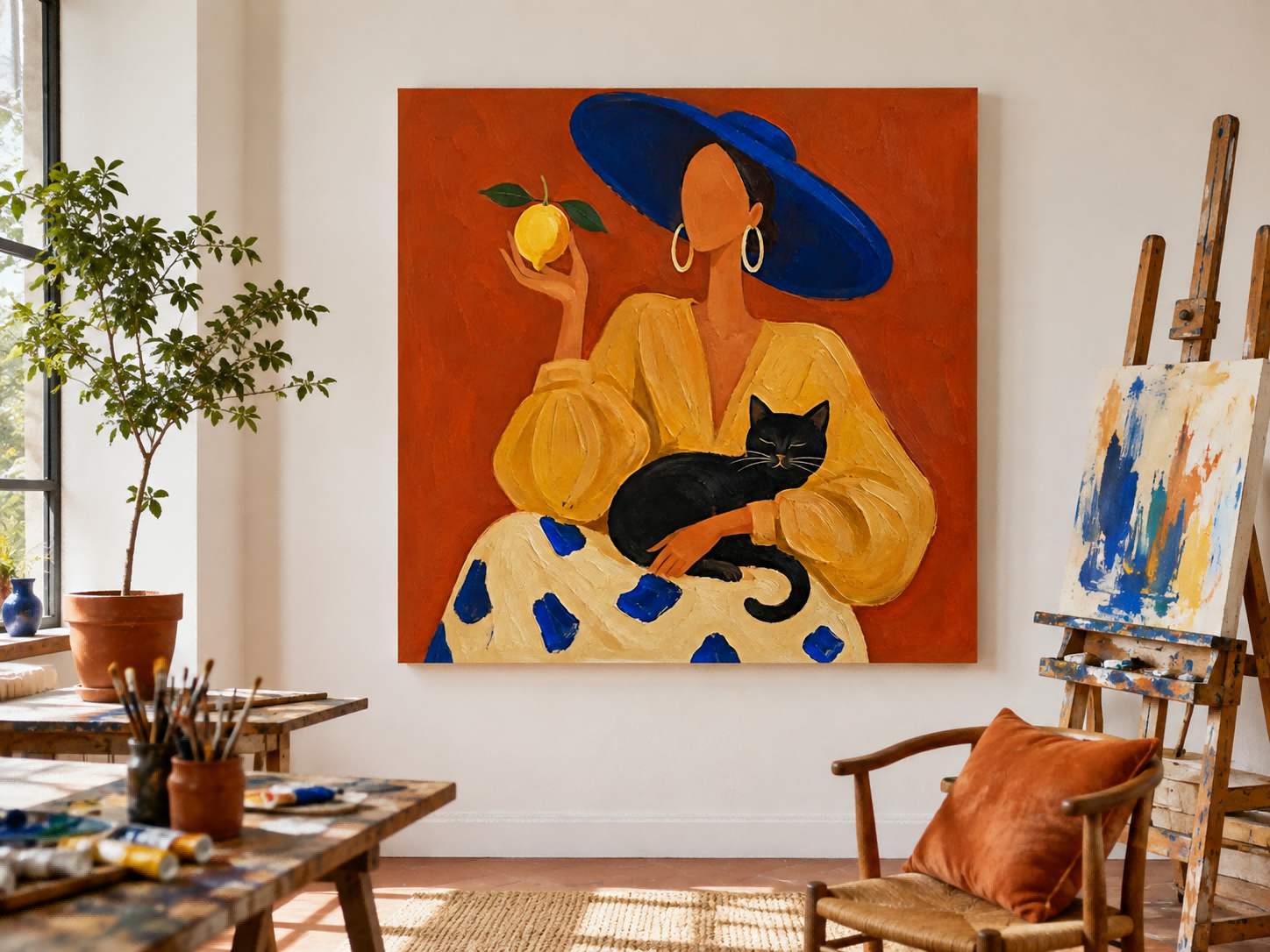 Modern Minimalist Oil Painting Of Lady With Blue Hat And Black Cat For Living Room Decor