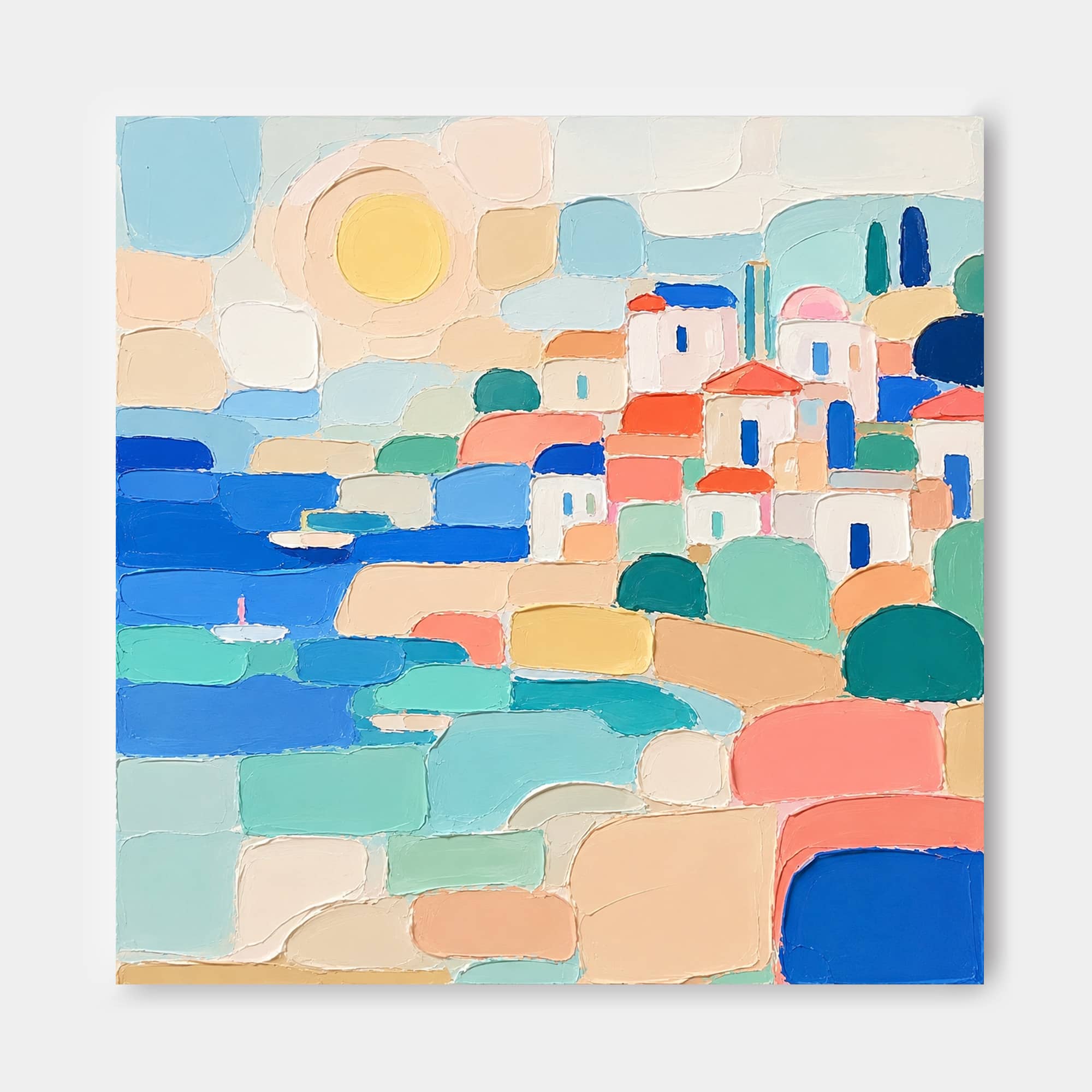 Abstract Mediterranean Town Seascape Hand-Painted Canvas Art With Blue And Orange Tones