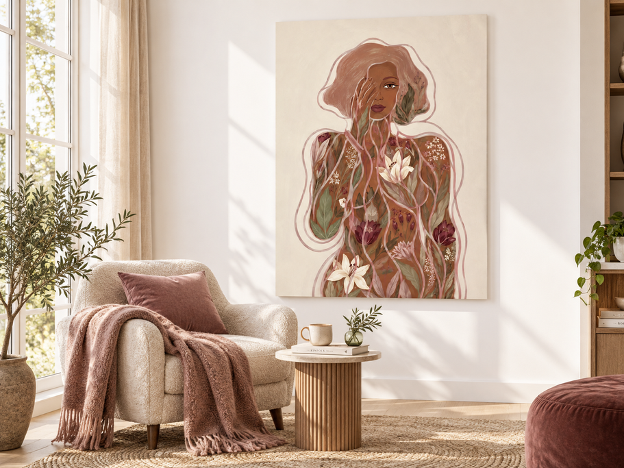 Hand-Painted Abstract Floral Woman Canvas Art In Earth Tones