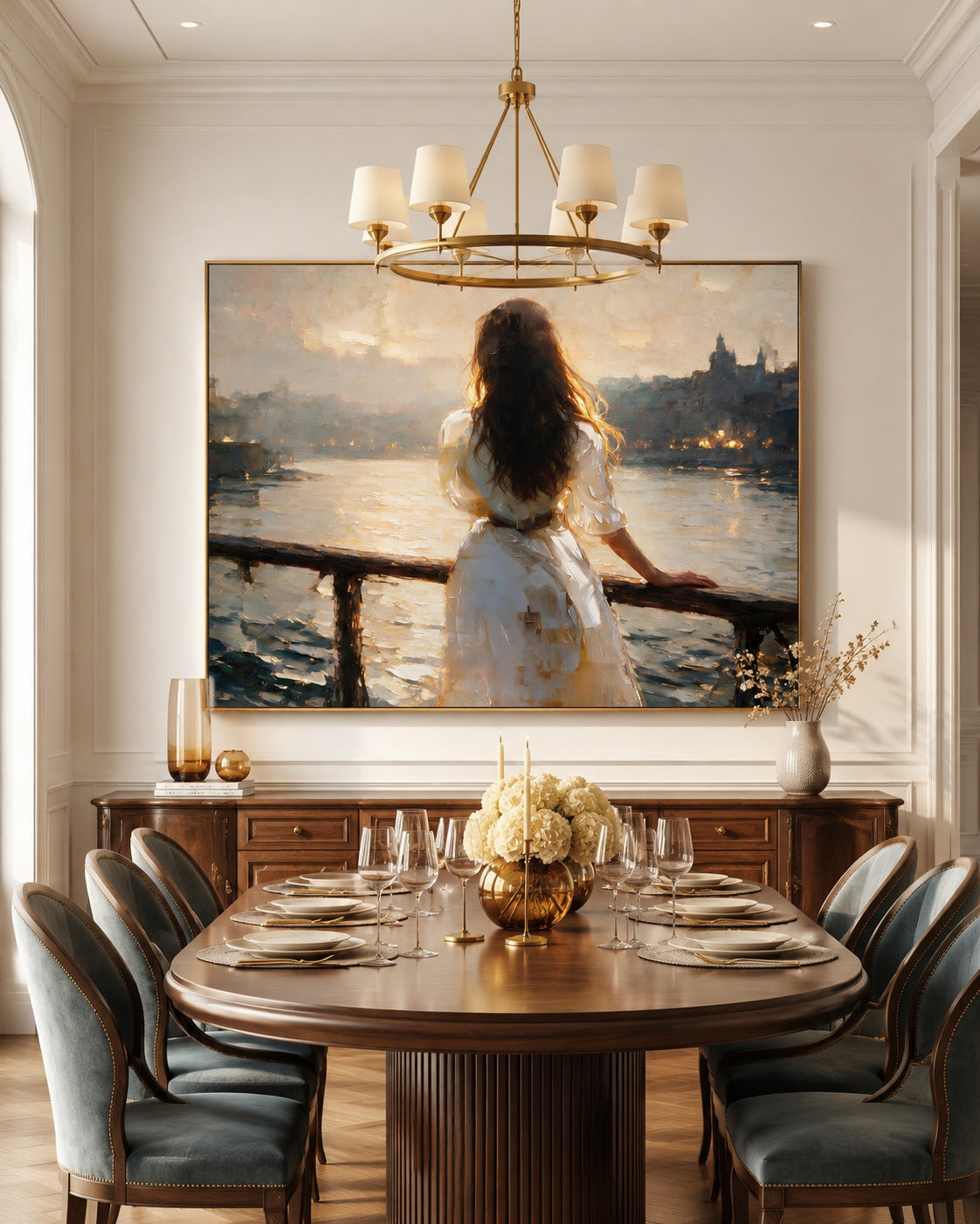 Impressionist Style Canvas Art Of Woman Gazing At City Lights By Water