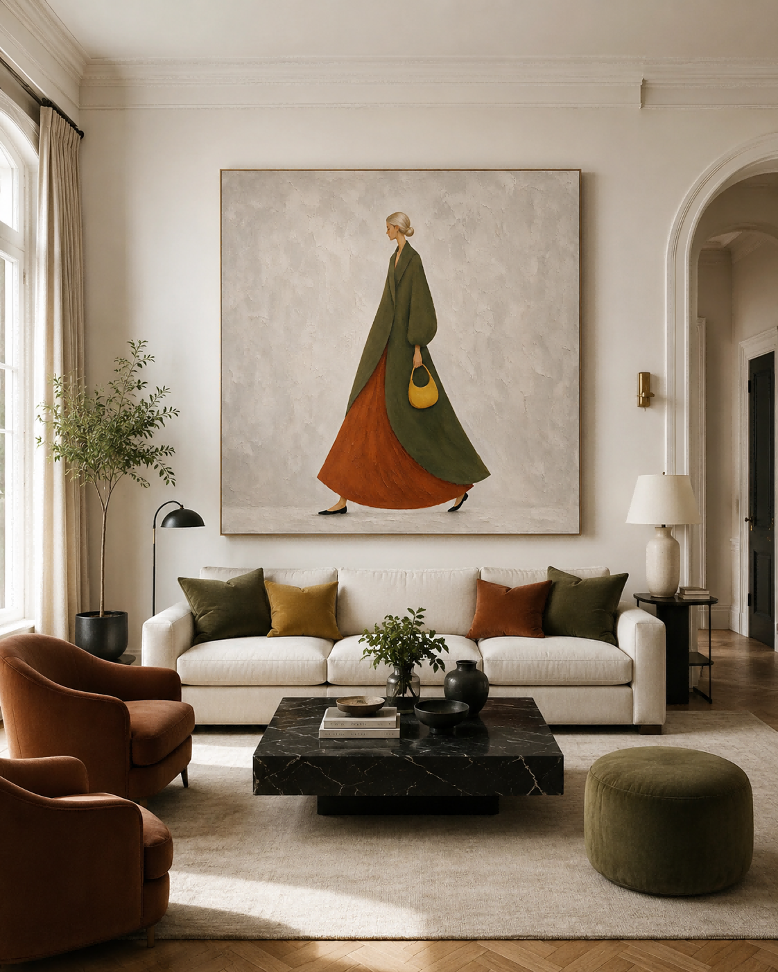 Hand-Painted Woman In Green Coat And Rust Skirt Canvas Art For Modern Home
