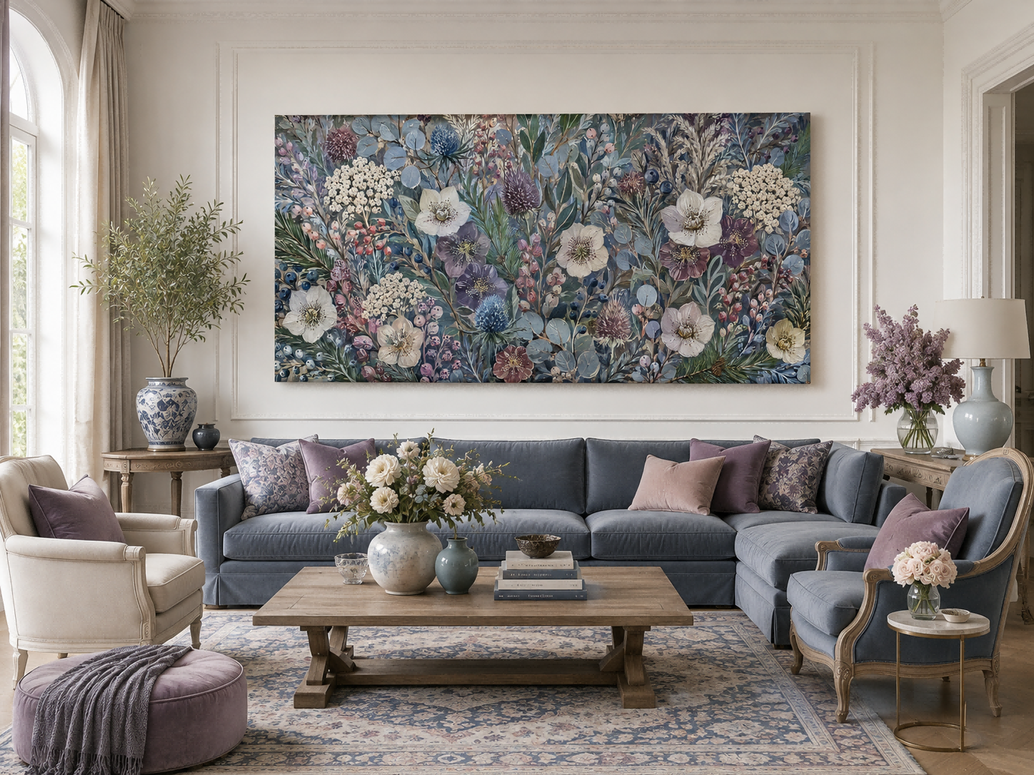 Vintage Blue Floral Oil Painting Textured Art For Elegant Living Room Decor