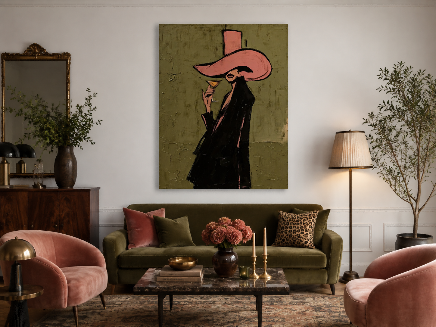 Chic Lounge Wall Art Featuring Elegant Lady Holding Cocktail Glass In Modern Retro Style