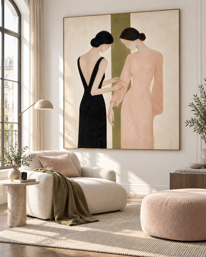 Minimalist Geometric Painting Two Women In Black And Pink Dresses Hand-Painted Modern Canvas Art