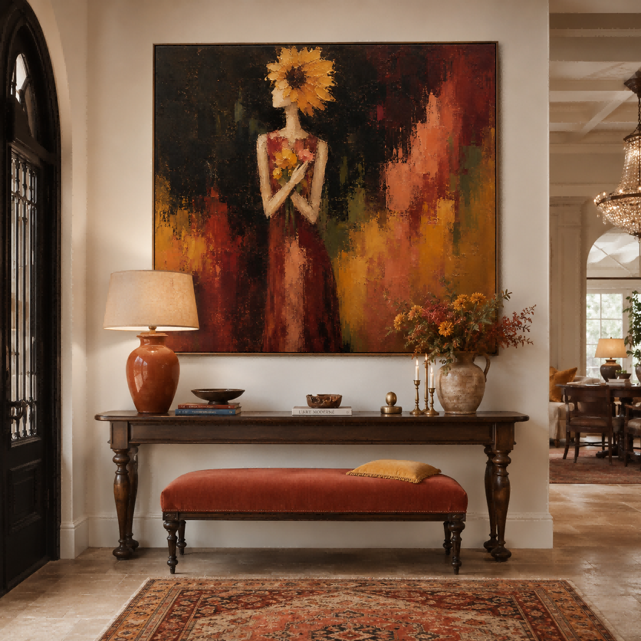 Vintage Sunflower Woman Painting Abstract Floral Portrait Art For Living Room Wall Decor