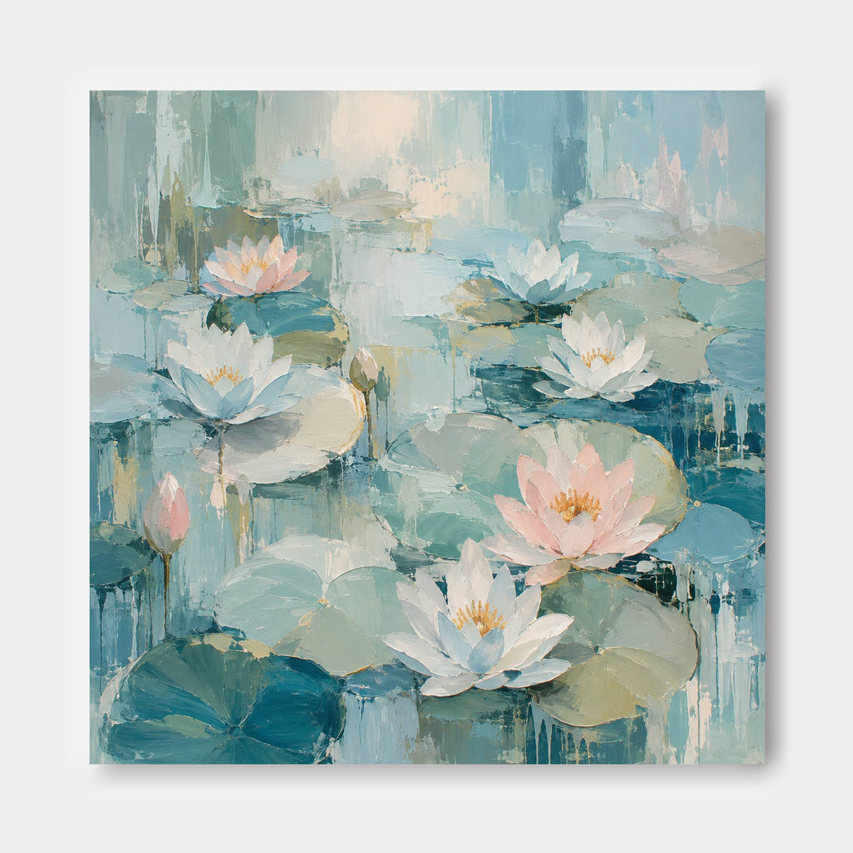 Hand-Painted Water Lilies Abstract Canvas Art With Blue And Pink Tones Hand-Painted Water Lilies Abstract Canvas Art With Blue And Pink Tones
