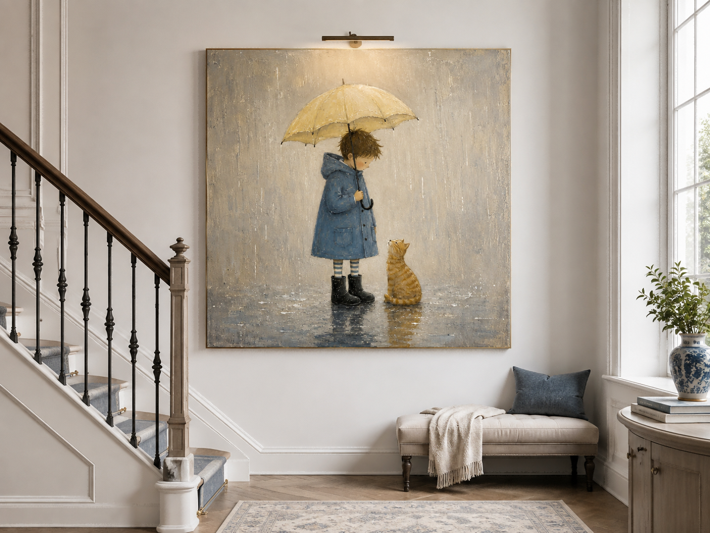 Vintage Boy And Cat Painting With Umbrella In Rain For Nursery Wall Art Decor