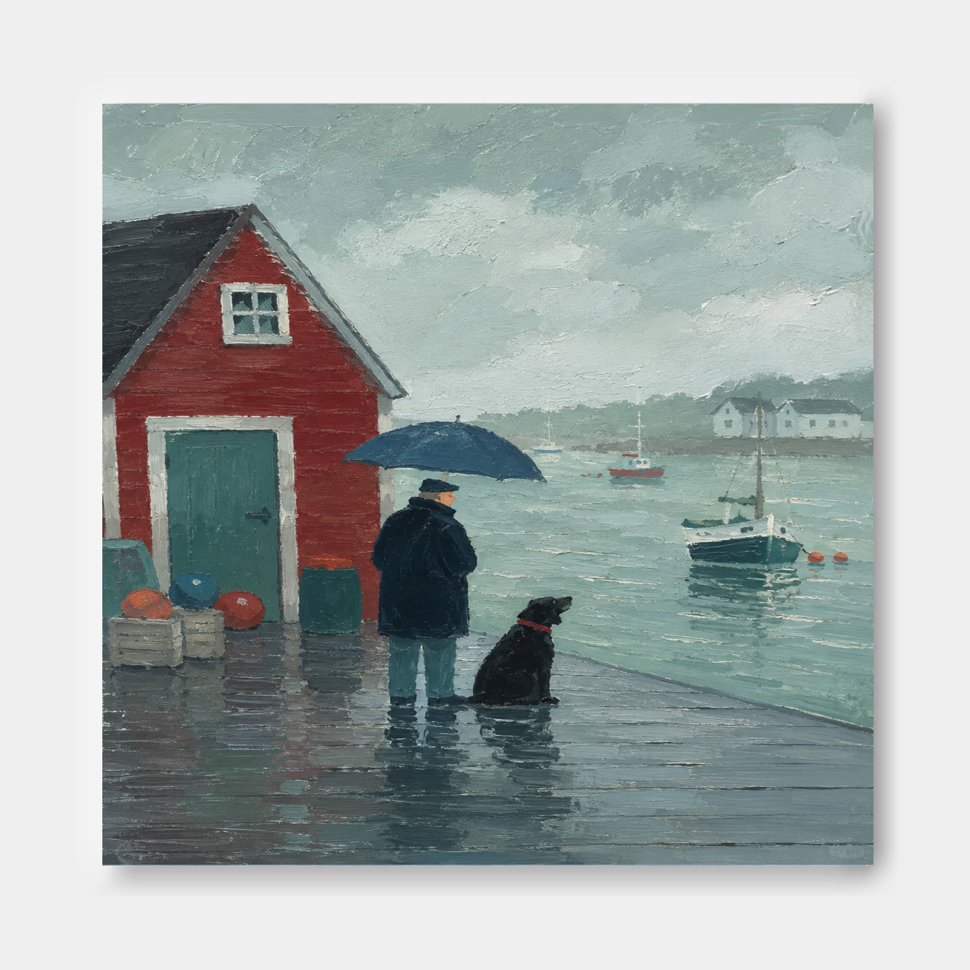 Textured Impressionist Seascape With Red Cabin And Boat Original Canvas