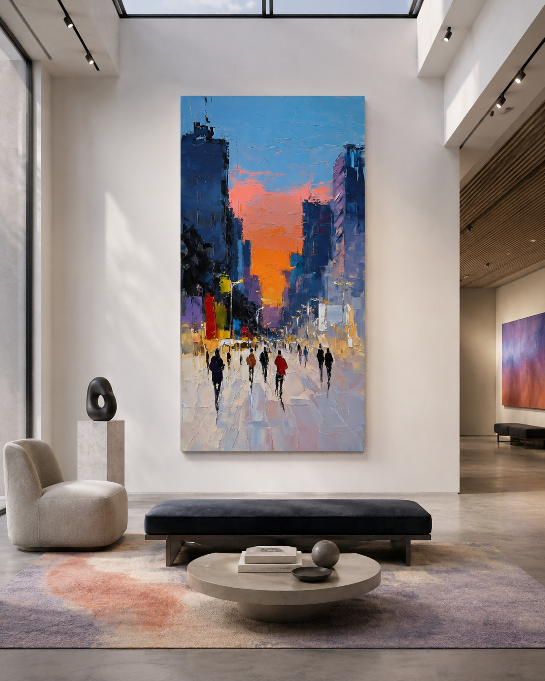 Original Textured Canvas Painting Of City Sunset With Abstract Architecture And People Silhouettes