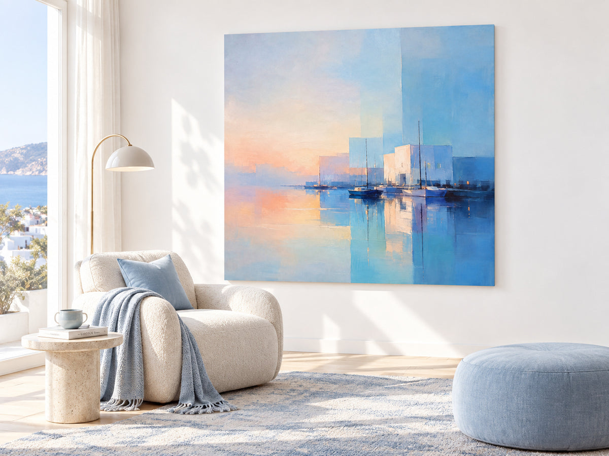 Minimalist Geometric Ocean Painting In Soft Colors For Modern Interiors