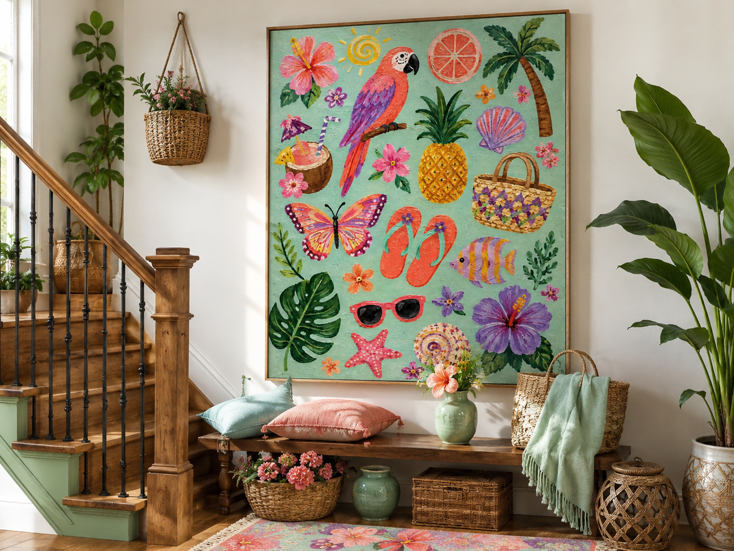 Vintage Coastal Wall Art With Seashells And Hibiscus Flowers For Beach House Bedroom