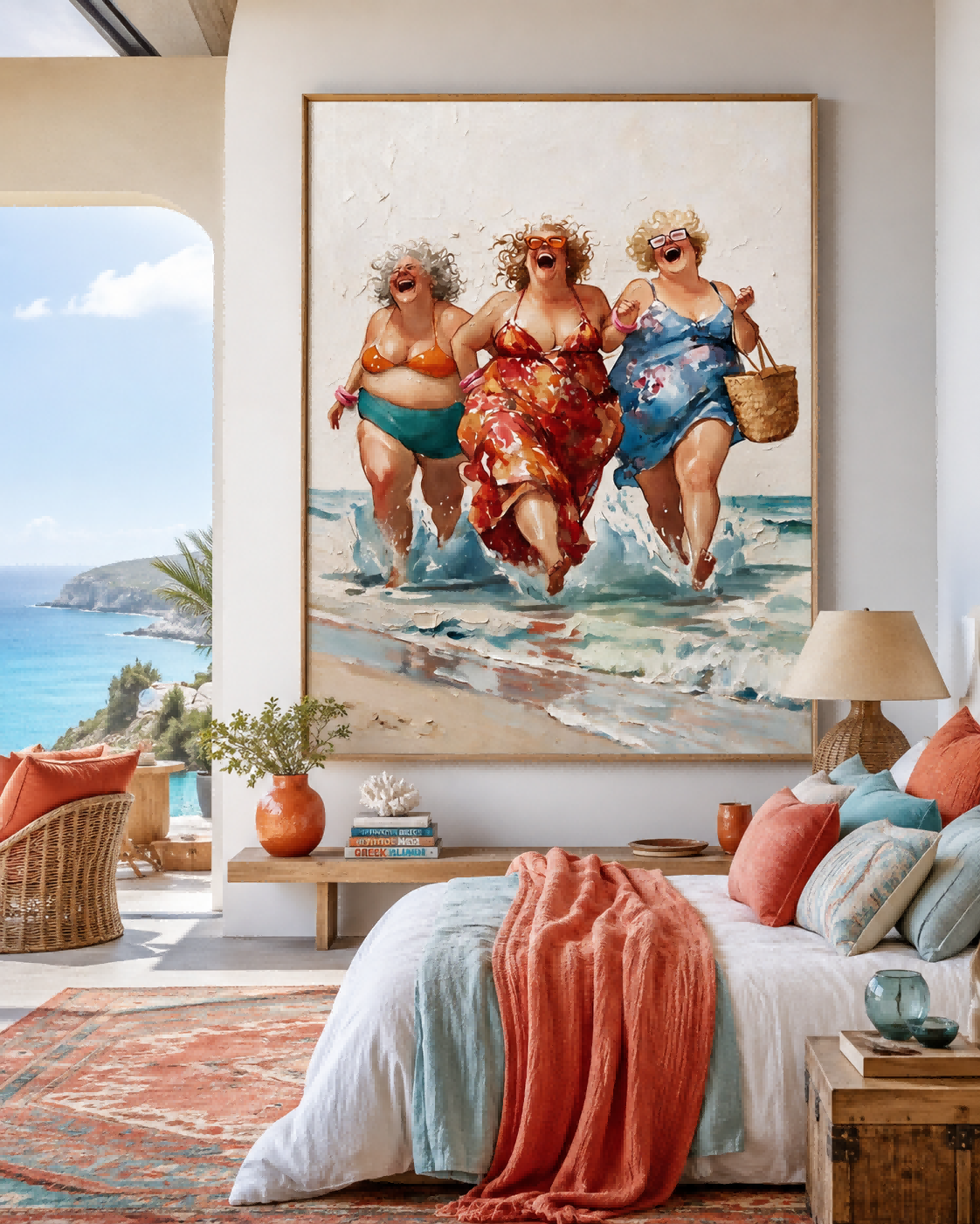 Vibrant Beach Friends Painting With Expressive Brushwork For Living Room Decor