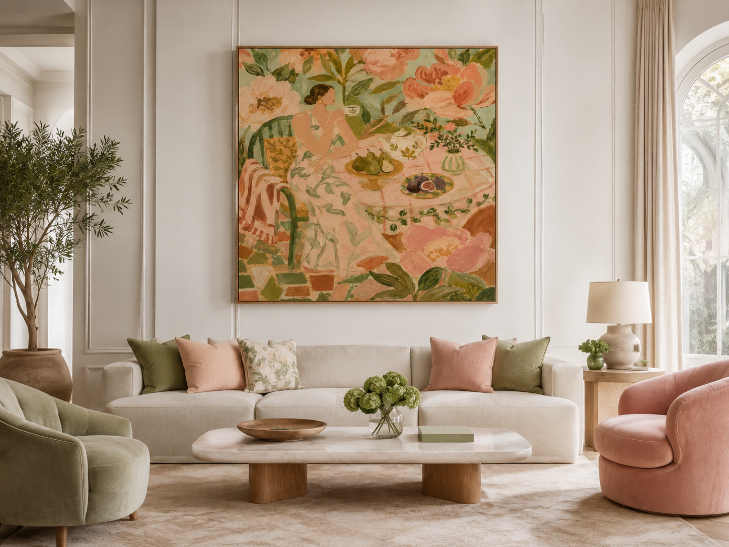 Whimsical Art Deco Style Oil Painting Of Lady In Garden Setting