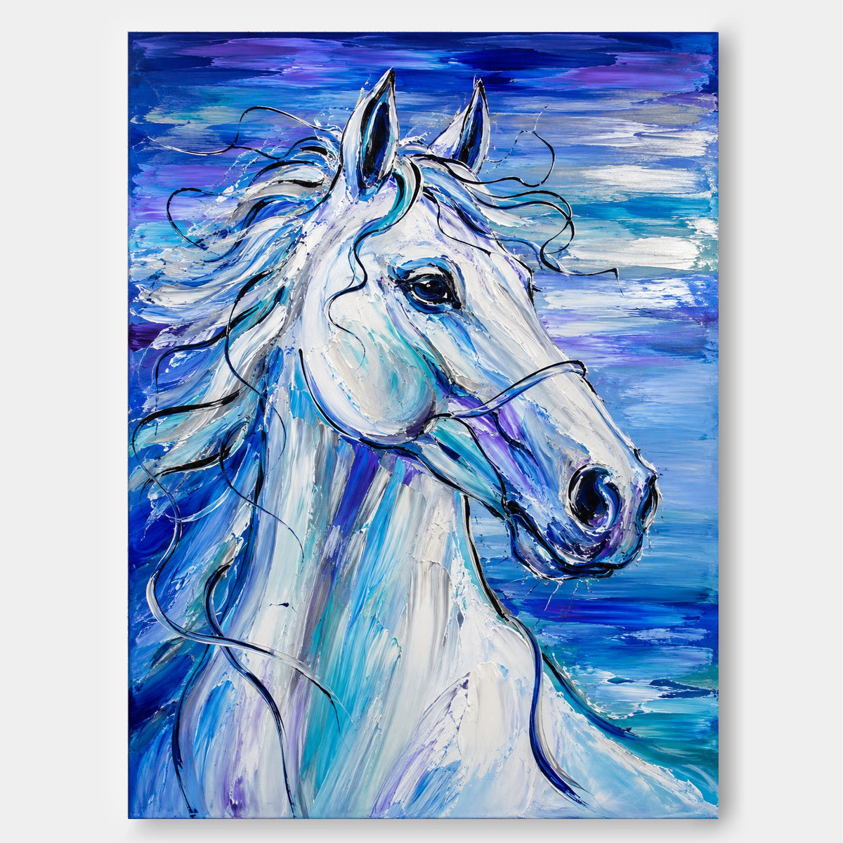 Expressive Impasto Horse Oil Painting With Dreamy Violet And Cobalt Hues