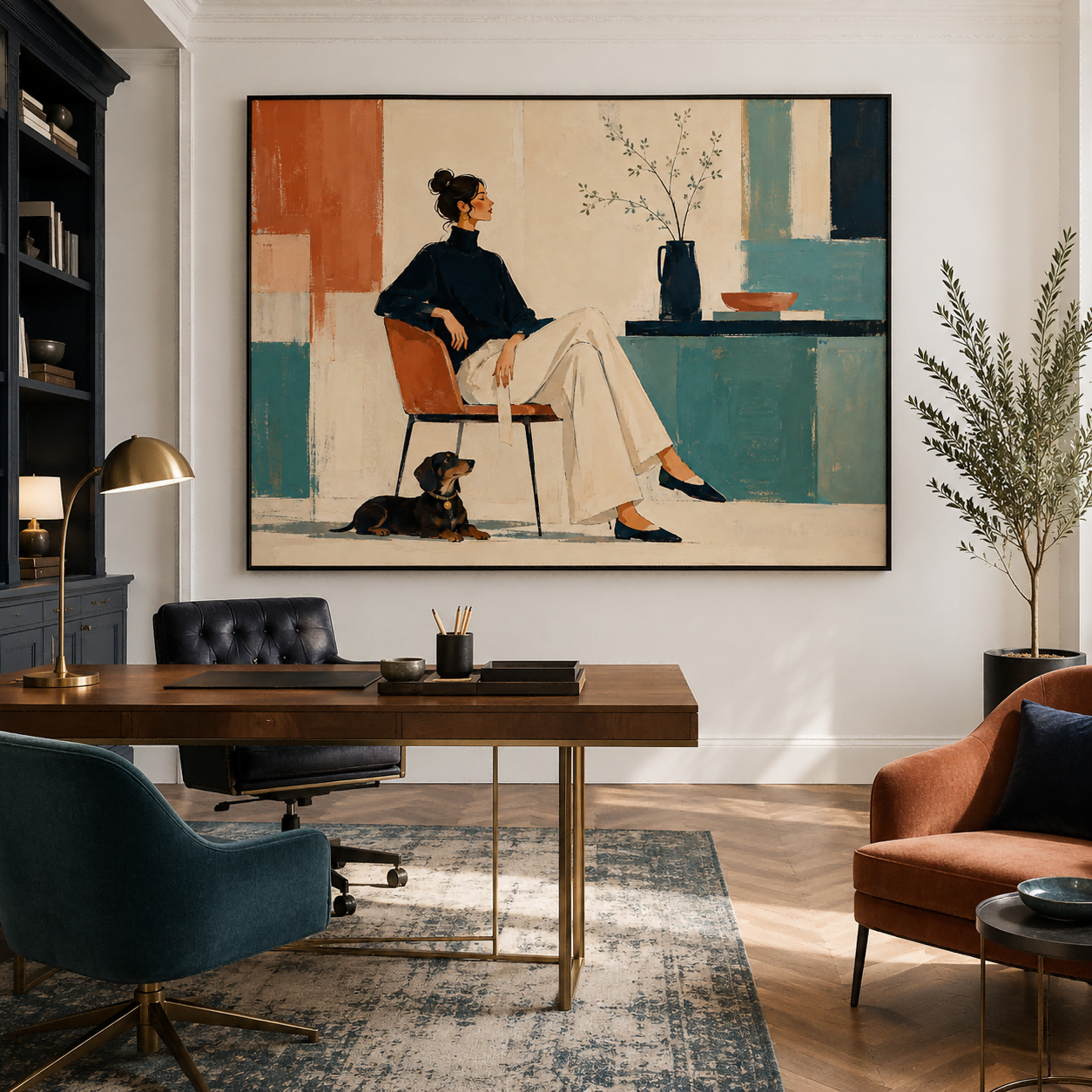 Stylish Illustrative Oil Painting Of Woman And Dog For Contemporary Home Interior Design