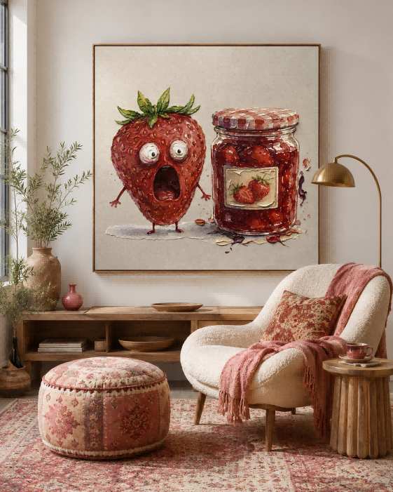 Funny Anthropomorphic Strawberry Art Original Canvas Print With Jam Jar Theme