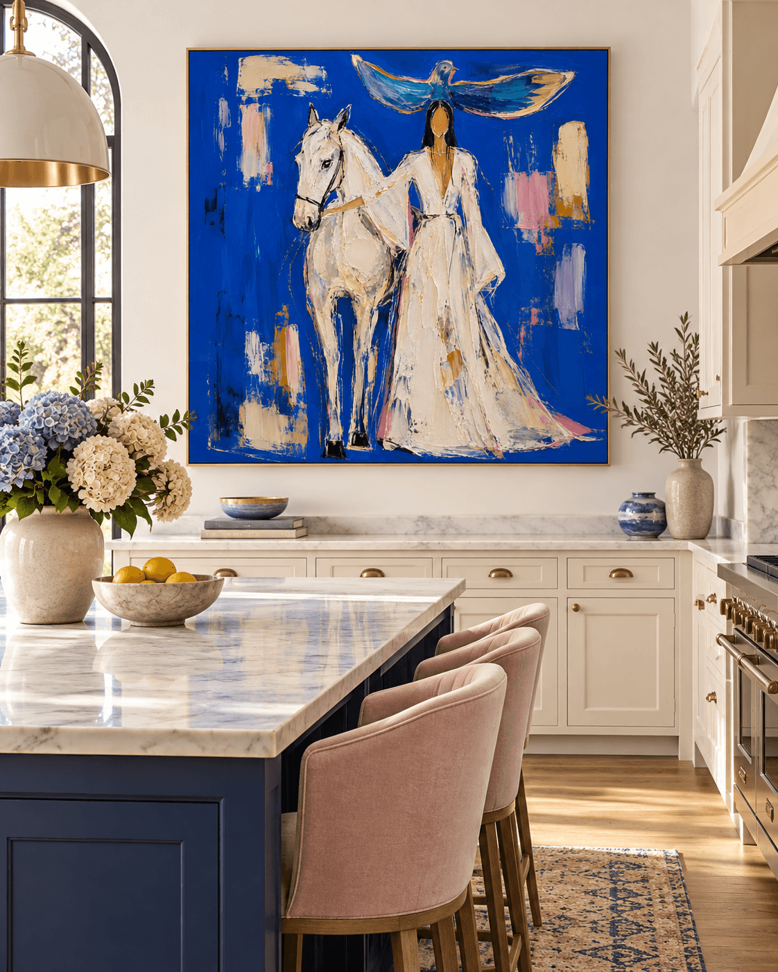 Woman With White Horse And Dove Abstract Canvas Painting In Klein Blue