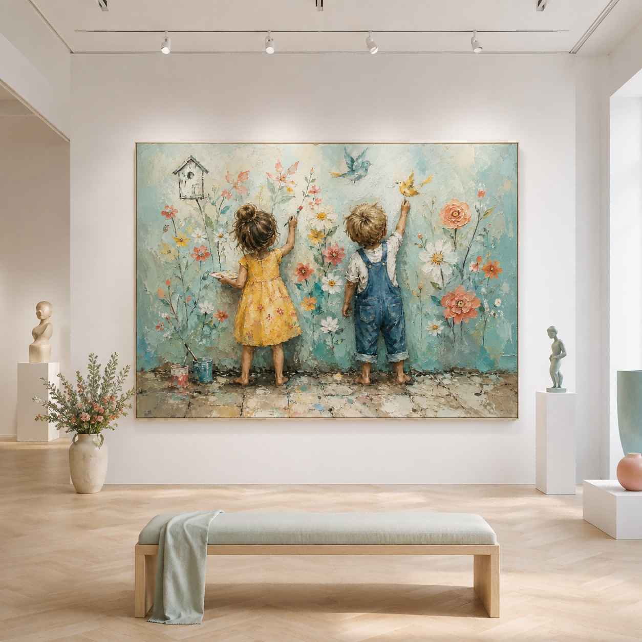 Heartwarming Original Oil Painting Of Children Creating Memories