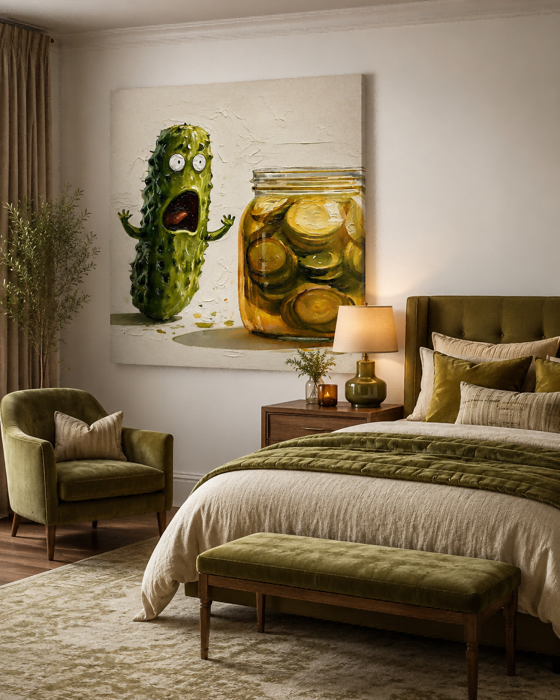 Anthropomorphic Food Art Canvas Print Featuring Scared Cucumber Character
