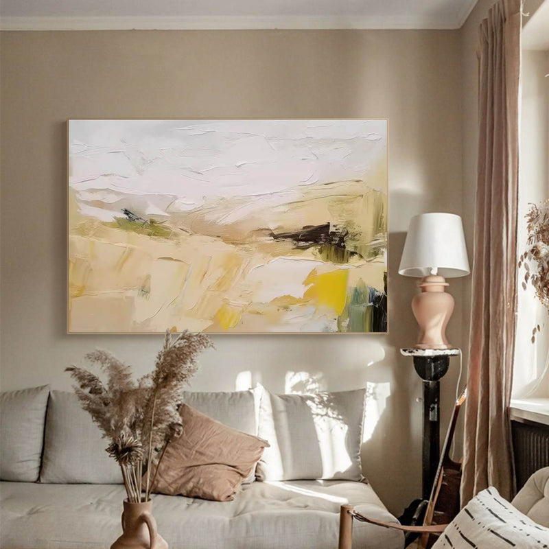 Large Abstract Landscape Oil Painting On Canvas Original Minimalist Yellow Wall Art Modern Nature Art for Living Room