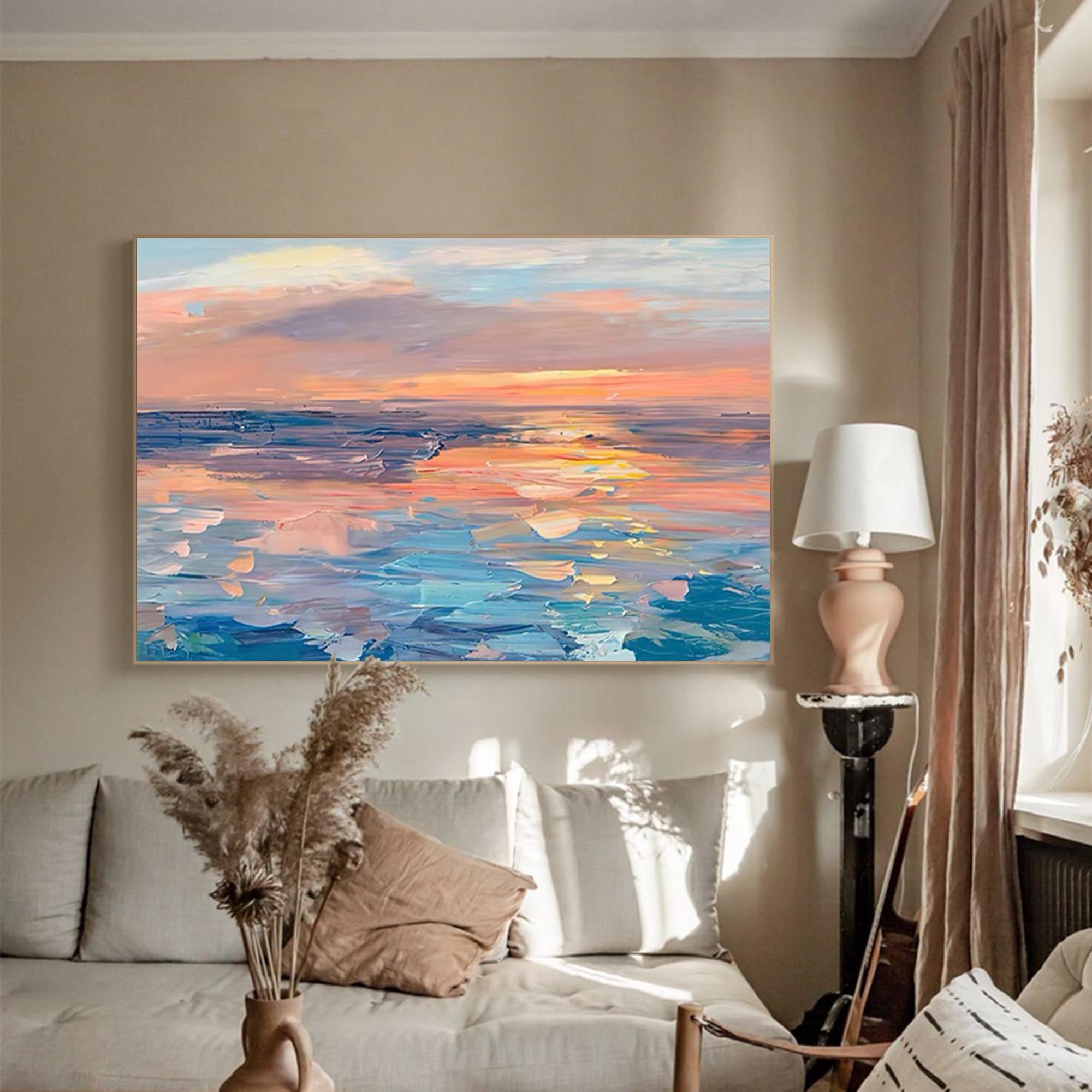 Sunset Oil Painting On Canvas Original Wall Art Abstract Sea Landscape Painting Living Room Decor