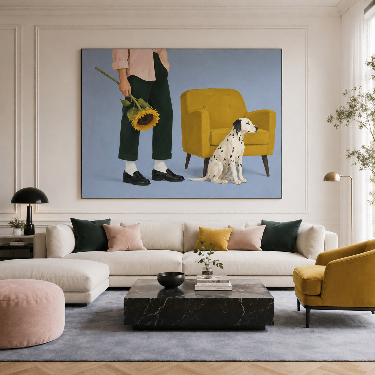 Modern Minimalist Figurative Oil Painting With Warm Tones Hand-Painted Canvas Of Man With Sunflower And Dog
