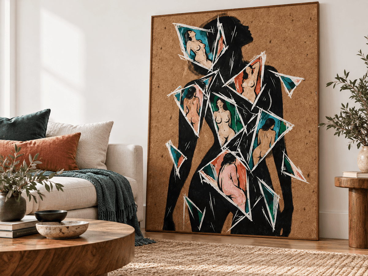 Abstract Female Silhouette Hand-Painted Canvas Art With Fragmented Nude Figures In Teal And Pink