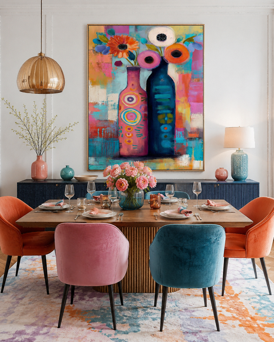 Abstract Vase Flower Painting In Bright Colors Handmade Oil Art For Eclectic Interior Design And Hallway