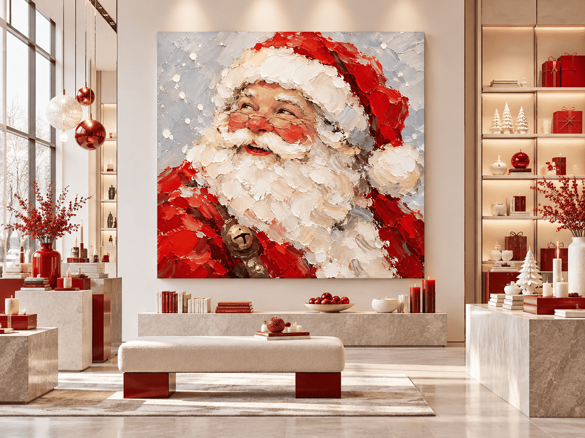 Hand-Painted Santa Claus Portrait With Gold Bell And Glasses Original Canvas Art