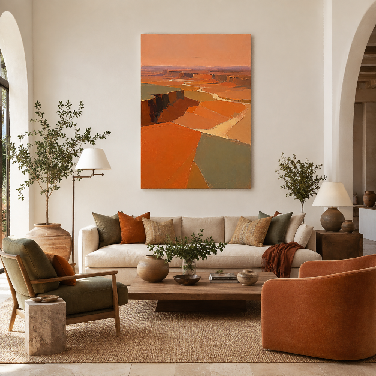 Modern Abstract Landscape Painting With Warm Earth Tones For Living Room Decor