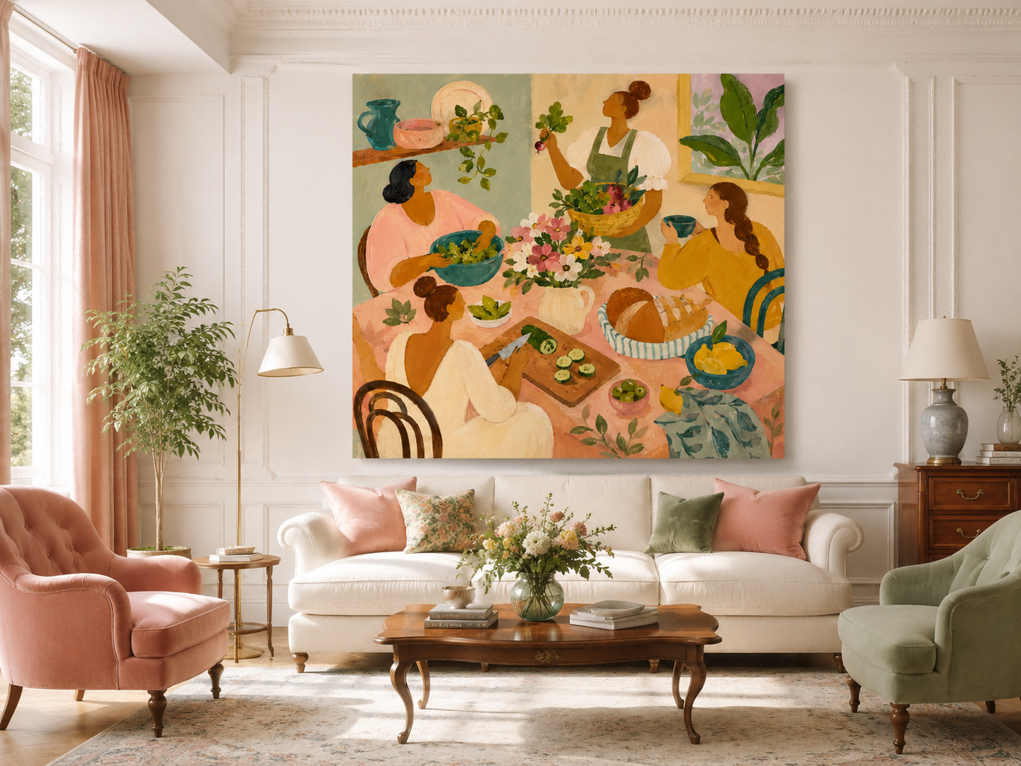 Art Deco Dining Room Wall Art Colorful Women Gathering Canvas Painting