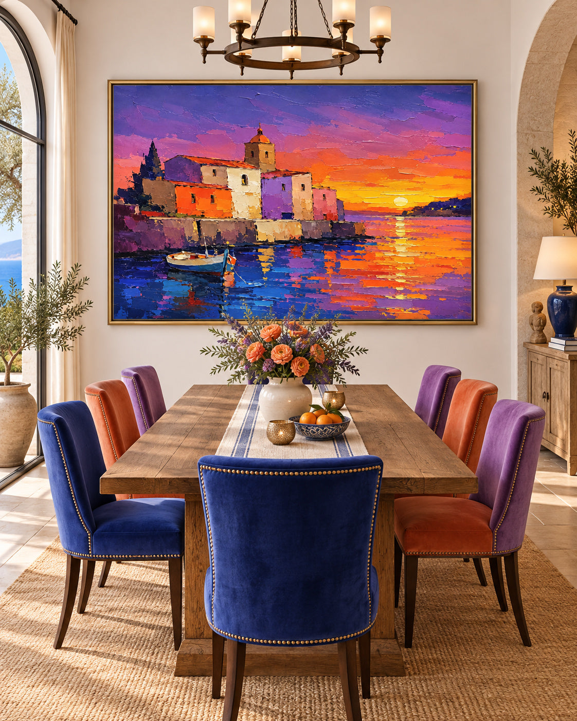 Mediterranean Harbor Sunset Hand-Painted Canvas Art With Vibrant Purple And Orange Tones