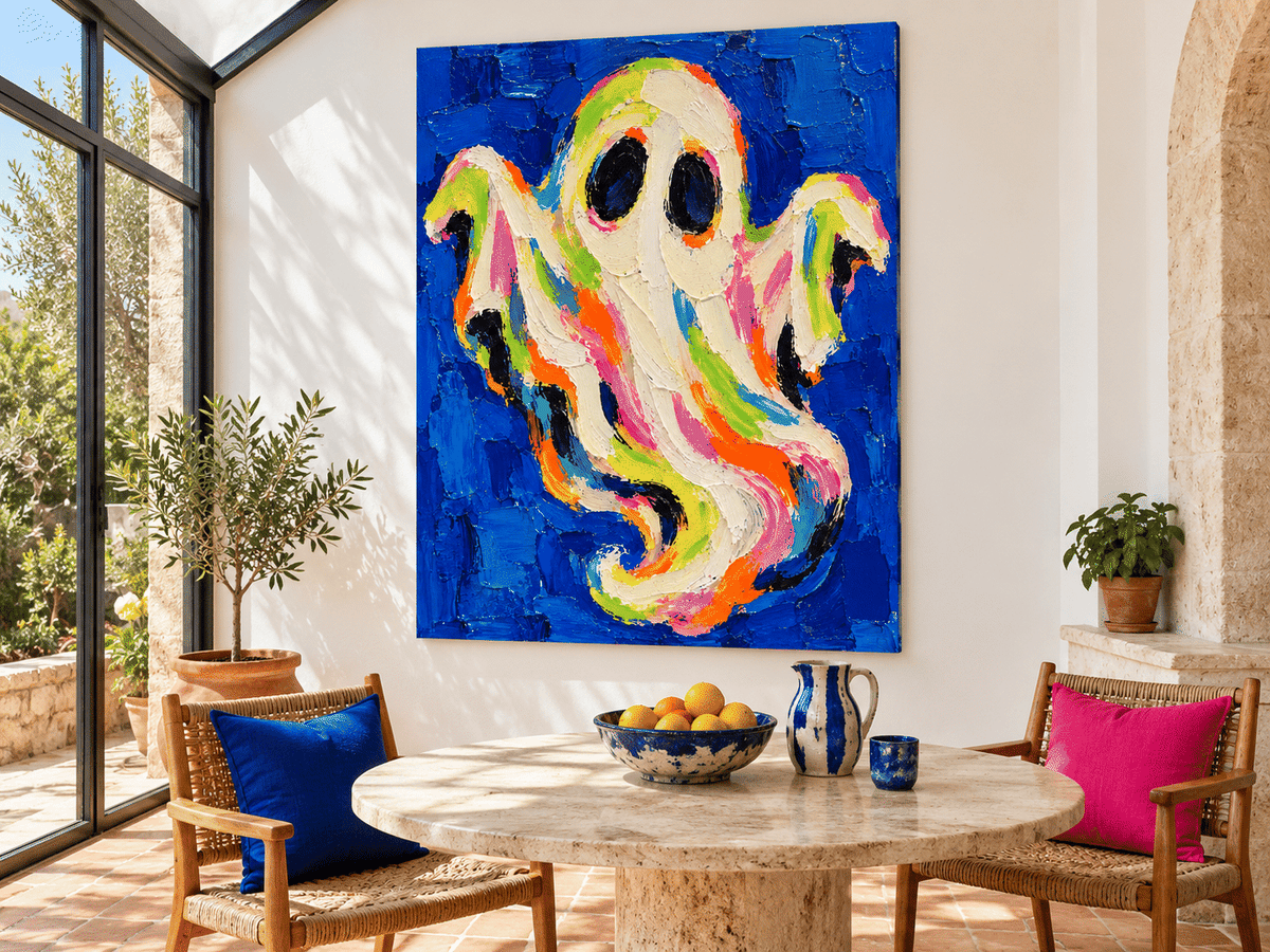 Hand-Painted Neon Ghost Abstract Art On Deep Blue Canvas