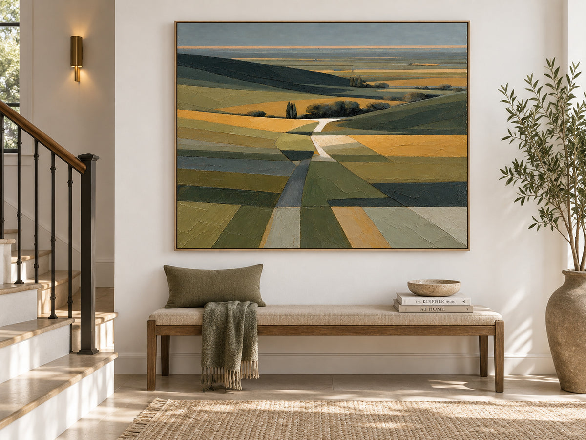 Minimalist Impressionist Oil Painting With Geometric Fields And Moody Sky