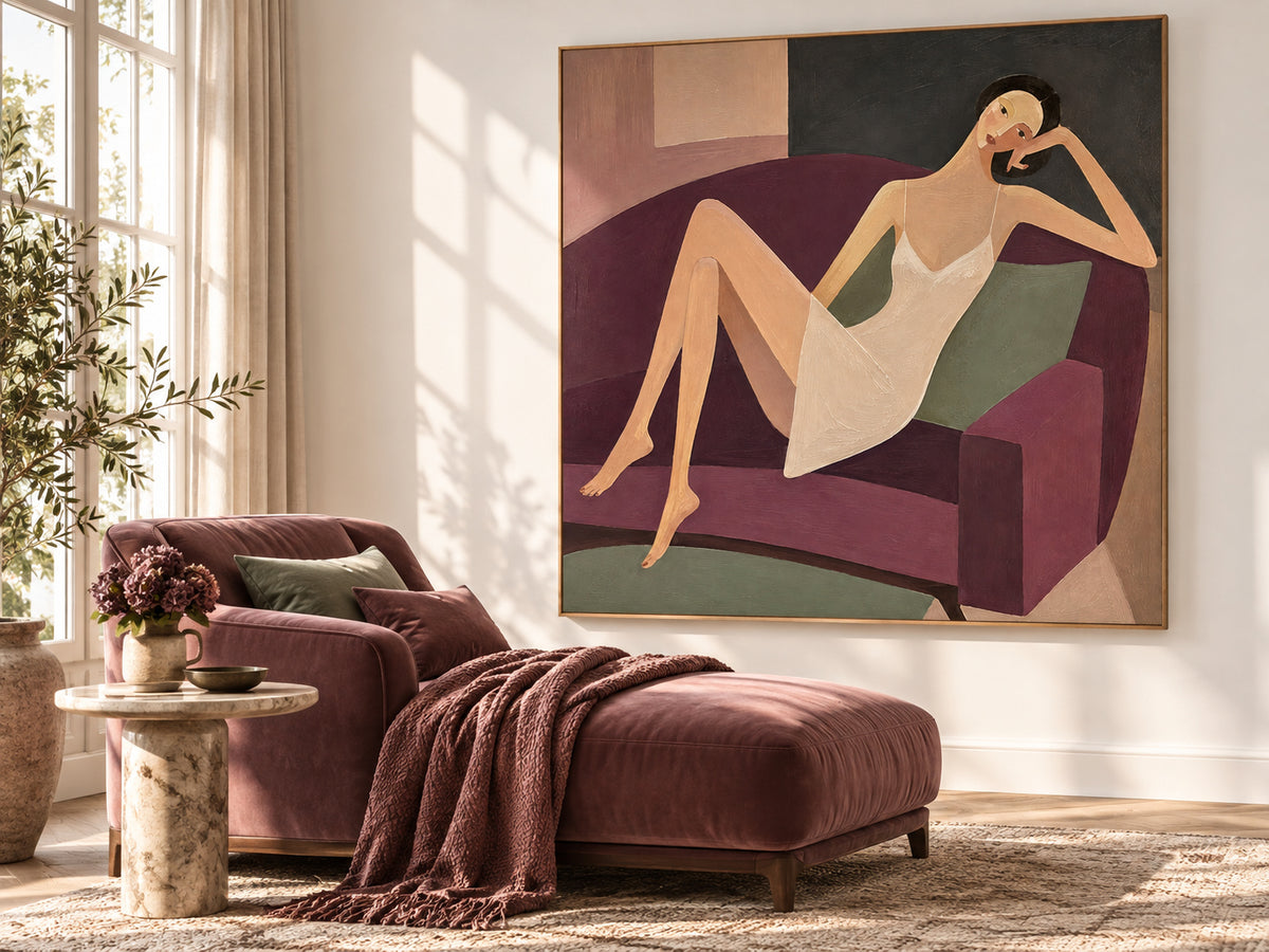 Minimalist Retro Style Canvas Art Textured Painting Of Lady Relaxing On Sofa Original